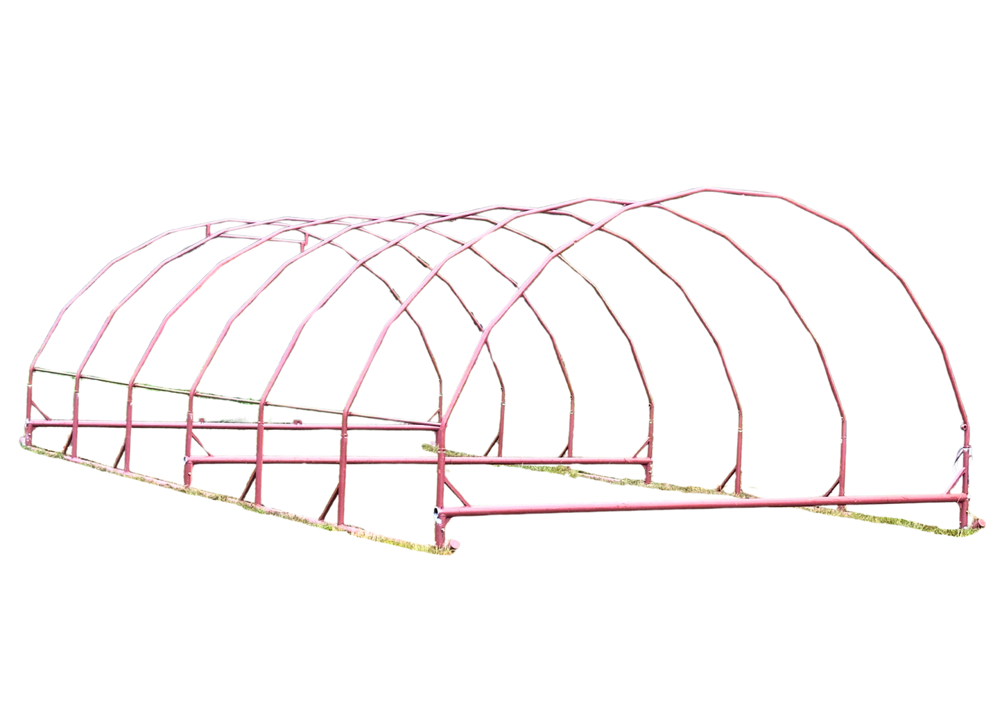 Red steel chicken shelter frame on a white background