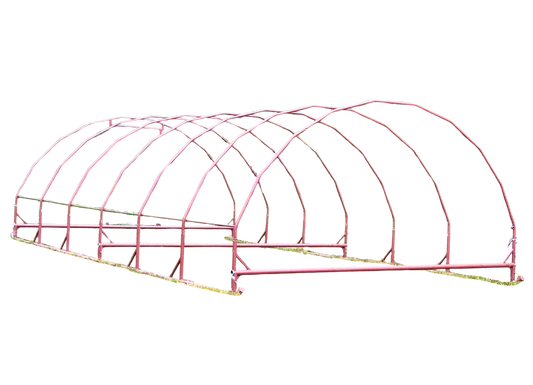 Red steel chicken shelter frame on a white background